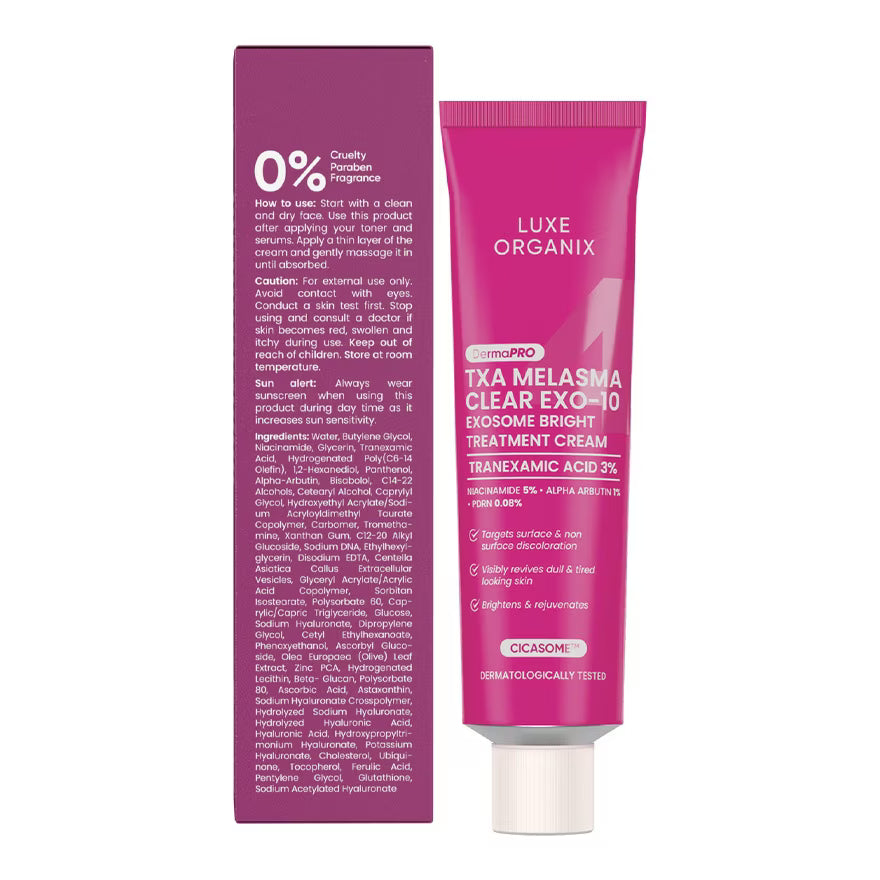 Pink tube of Luxe Organix TXA Melasma Clear EXO-10 treatment cream on a white background
