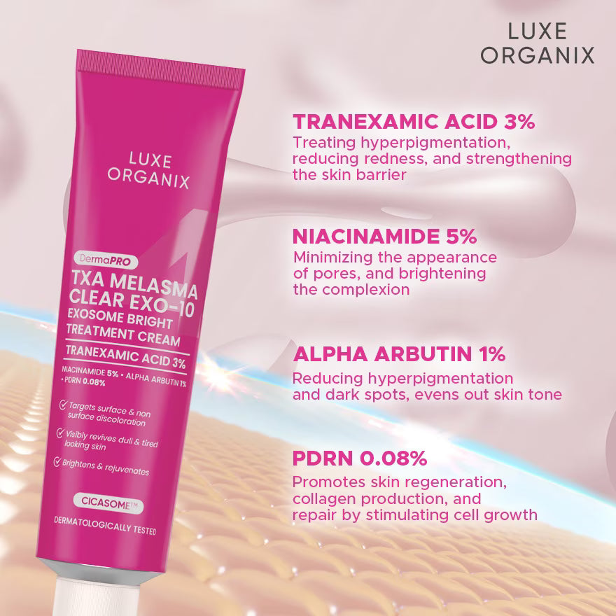 Luxe Organix TXA Melasma Clear EXFO-10 treatment cream with product details on a pink background