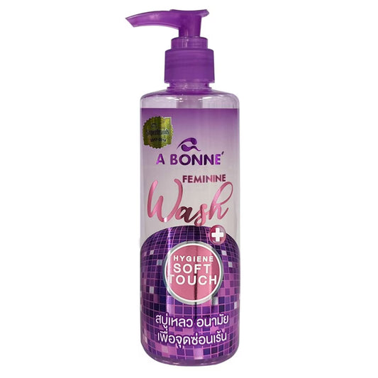 Purple bottle of A Bonne Feminine Wash on a white background