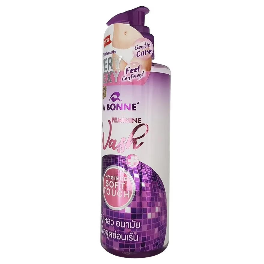 Bottle of La Bonne Feminine Wash with purple and white design on a white background