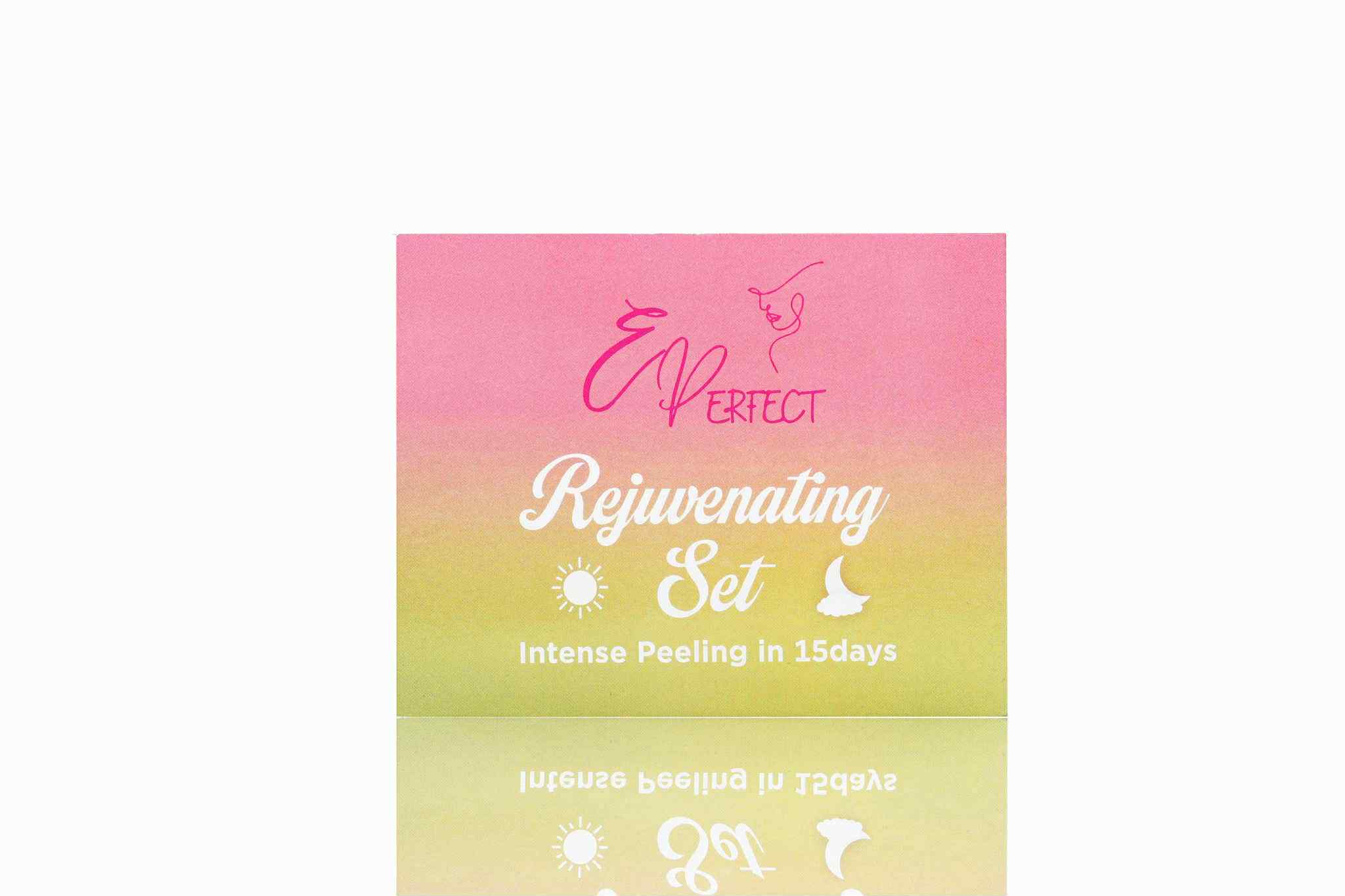 Product packaging with 'E Perfect' branding on a pink and yellow gradient background Front whitening exfoliating brightening peeling skincare kit debsline.co 