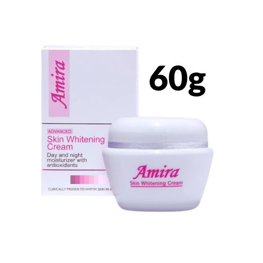 Amira Advanced Skin Whitening Cream 60g jar and its packaging box on a white background, with a black '60g' text overlay.