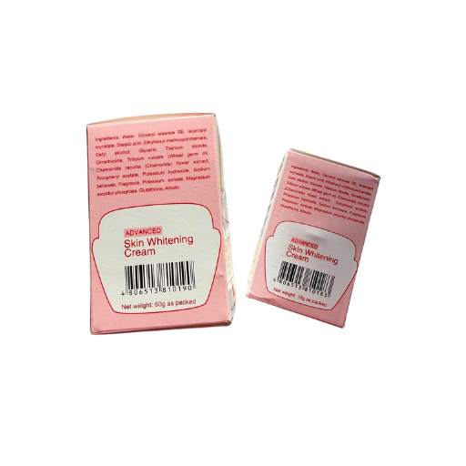 Two pink boxes of Advanced Skin Whitening Cream shown on a plain white background, with front and back packaging visible.