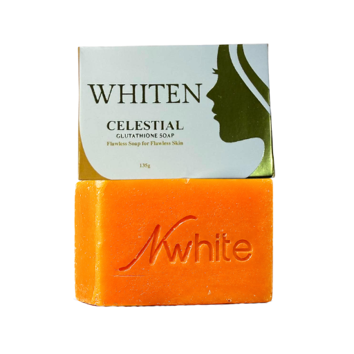 A bar of orange glutathione soap labeled 'White' with its white and green packaging box behind it, on a plain white background.