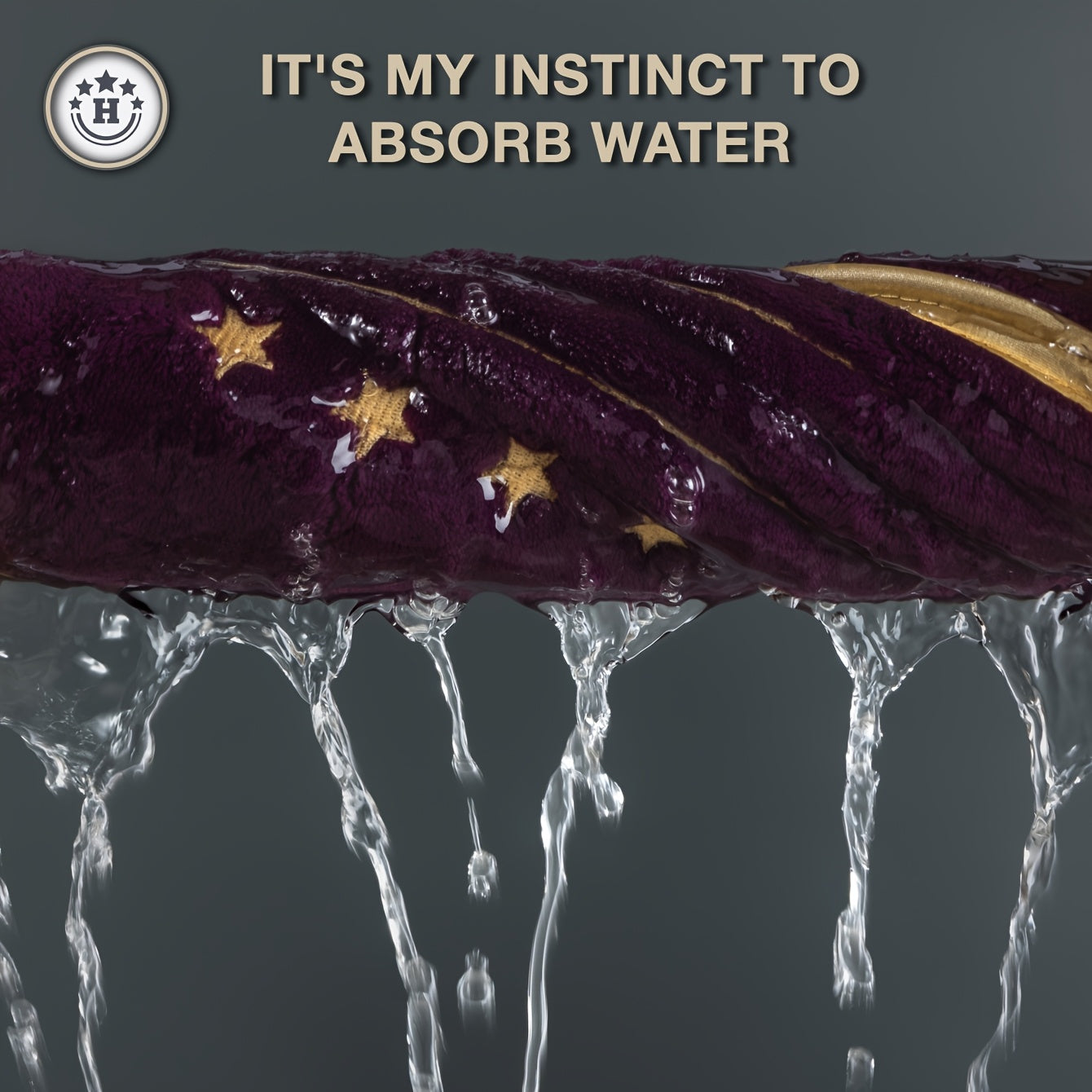 Eggplant with water droplets on a dark background with text 'It's my instinct to absorb water'.