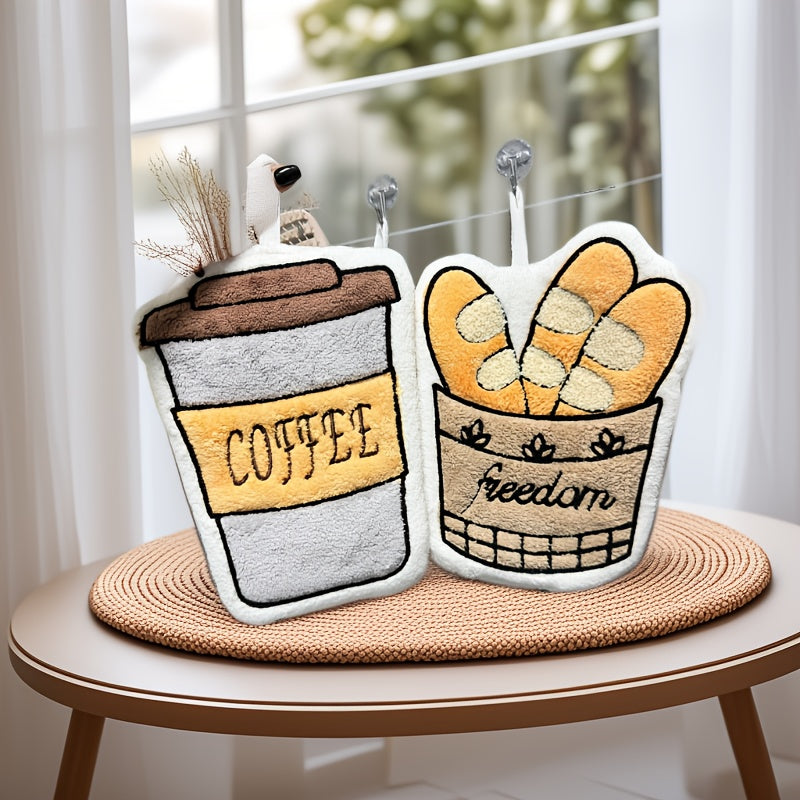 Two decorative pillows shaped like a coffee cup and a bag of bread on a table.