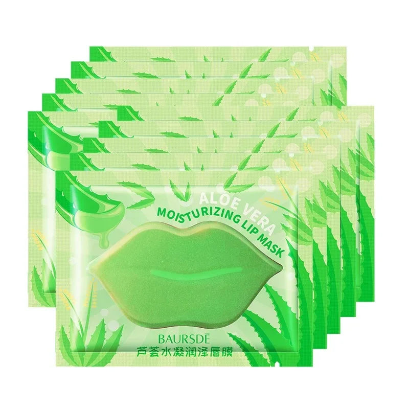 Multiple green aloe vera moisturizing lip mask packages on a white background