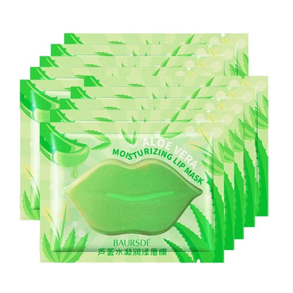 Multiple green aloe vera moisturizing lip mask packages on a white background
