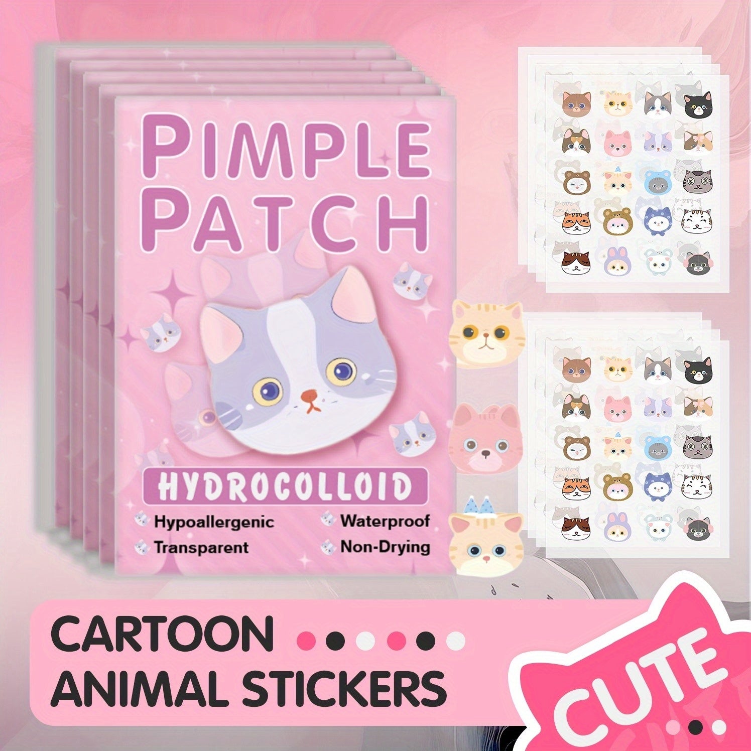 Pimple patch packaging with cartoon animal stickers on a pink background