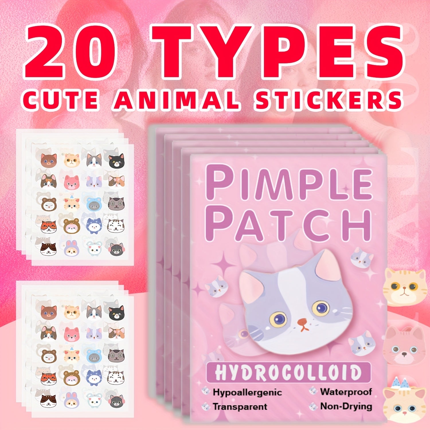 Pimple patch with cute animal stickers on a pink background