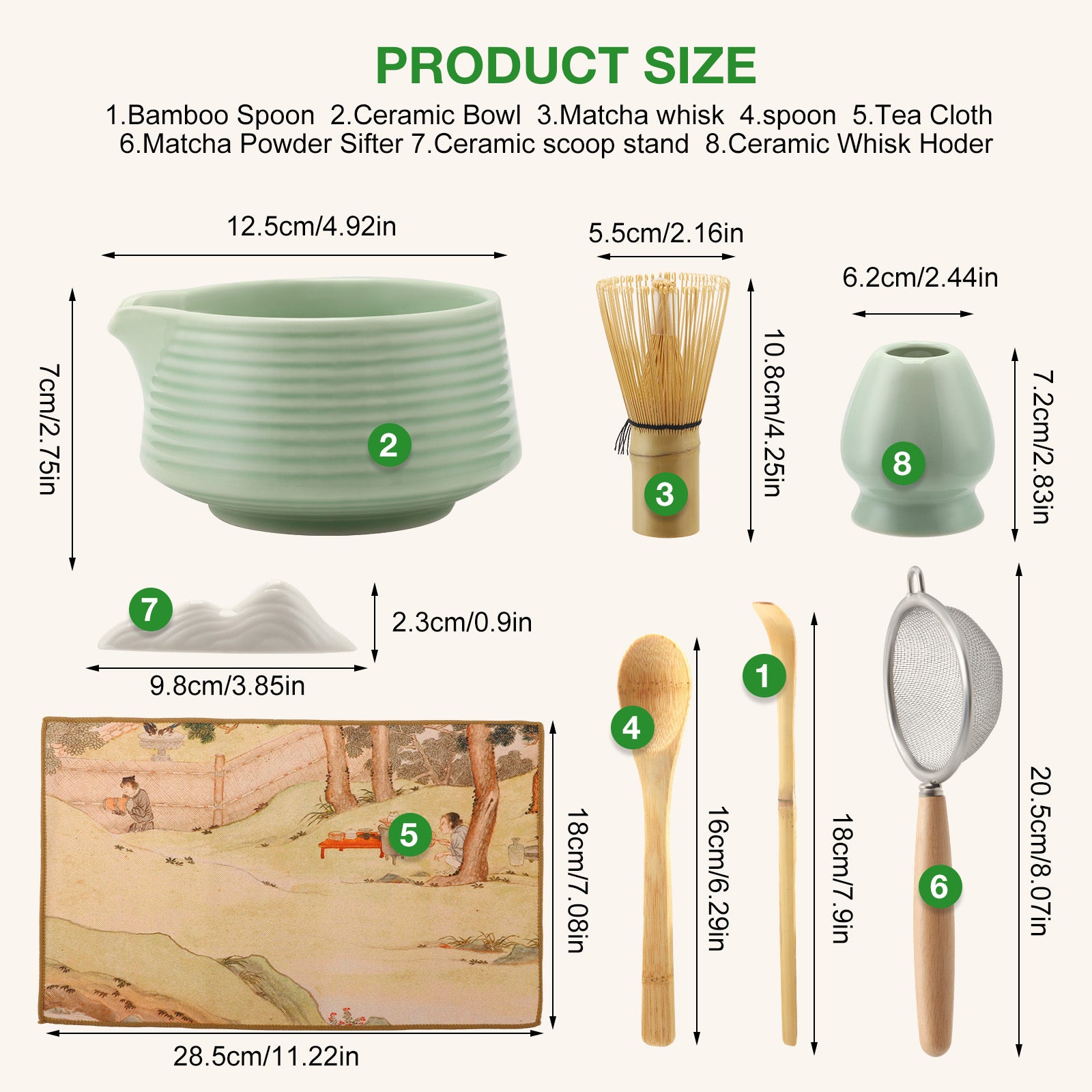 Measurement chart of various matcha preparation tools with dimensions.
