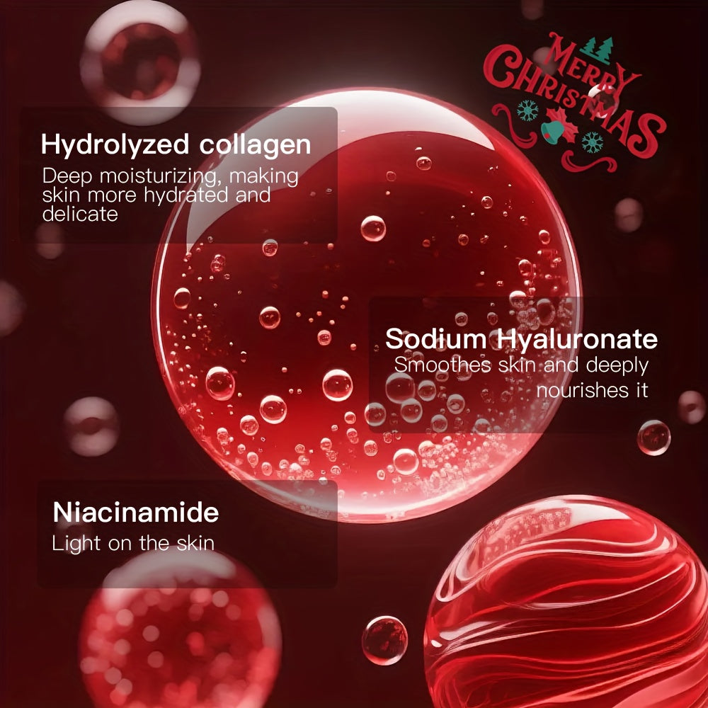Cosmetic product with red and clear elements on a dark background, featuring text about hydrolyzed collagen, sodium hyaluronate, and niacinamide.