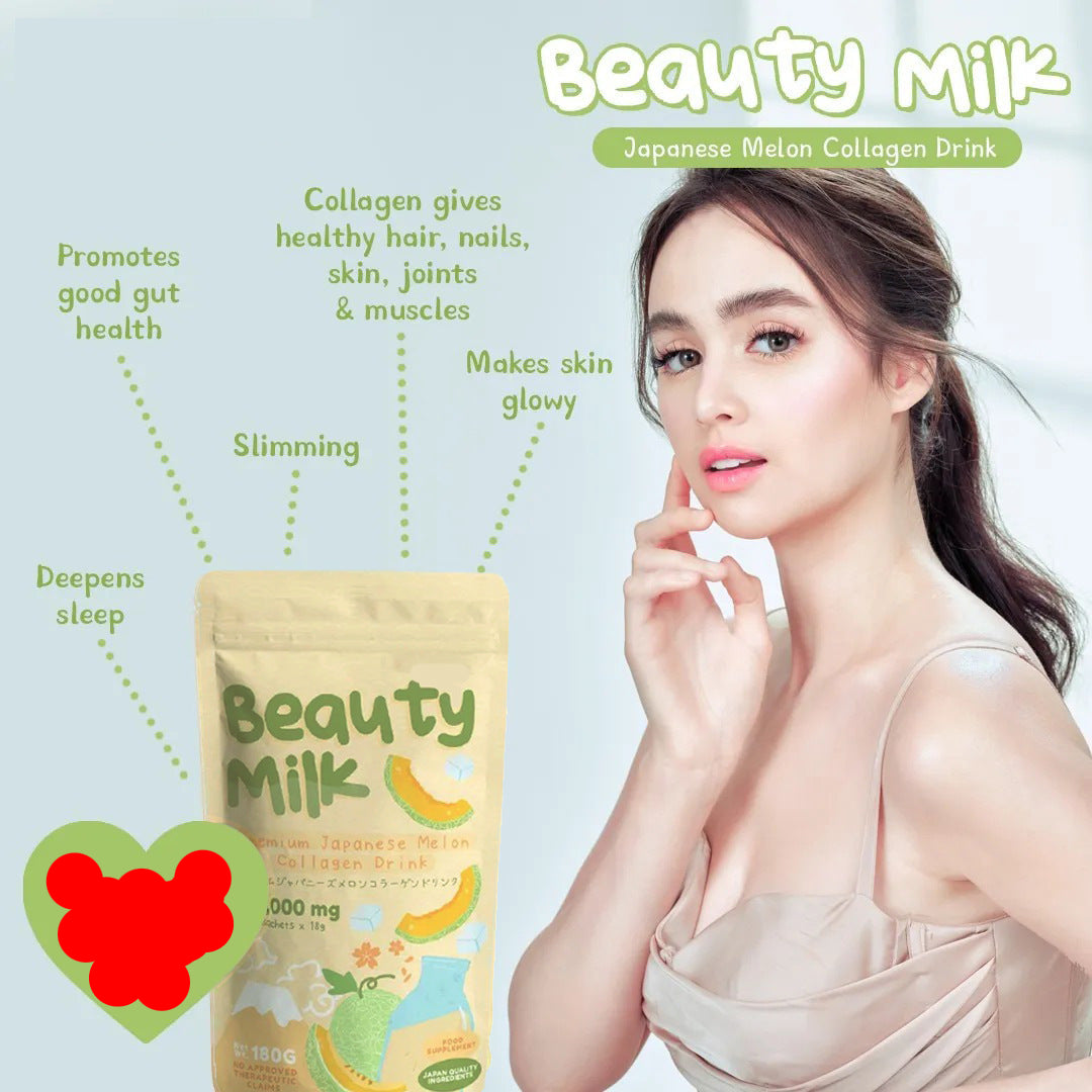 Advertisement for Beauty Milk Japanese Melon Collagen Drink with a woman and product packaging.