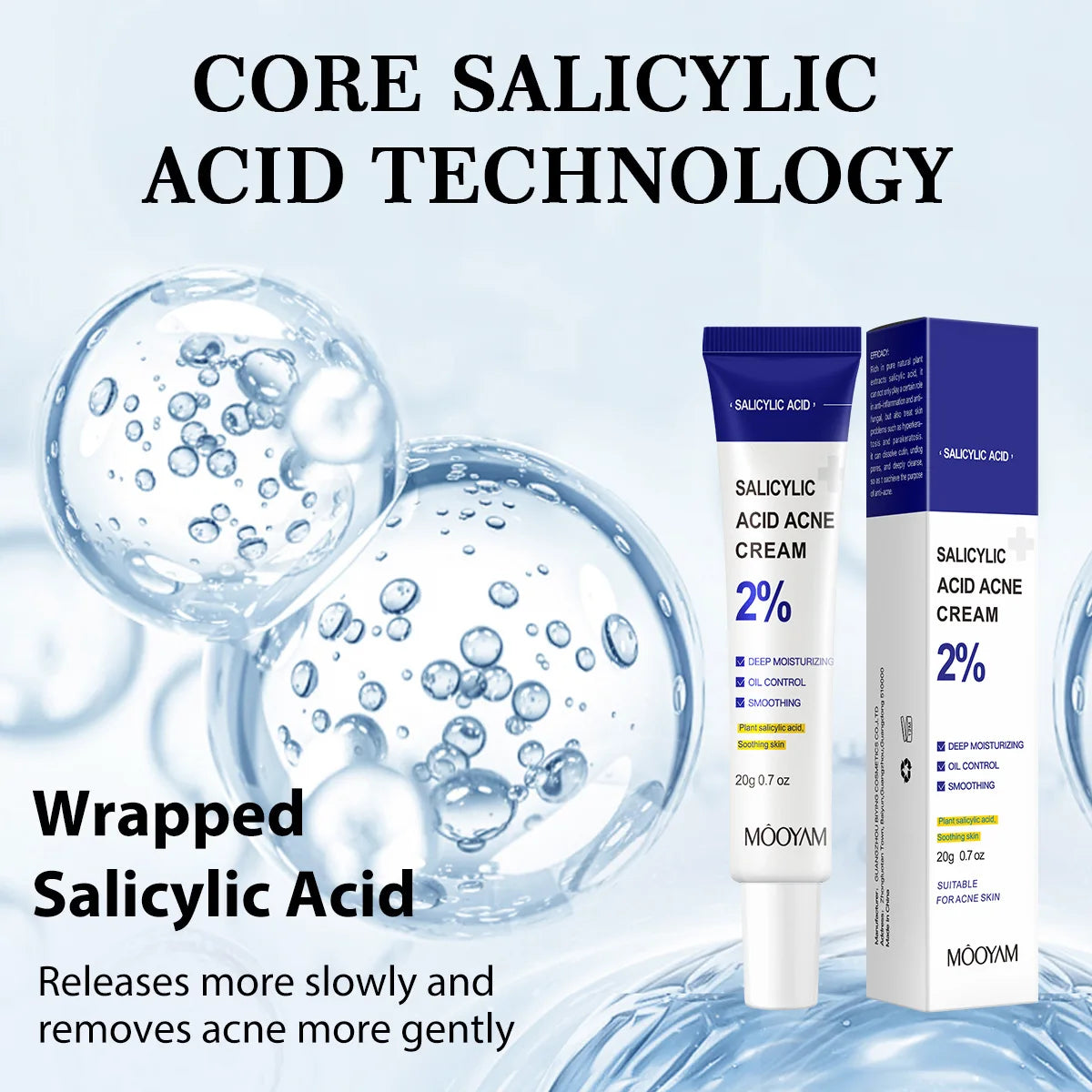 Salicylic acid cream and packaging with bubbles on a light blue background