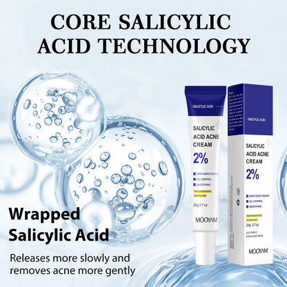 Salicylic acid cream and packaging with bubbles on a light blue background