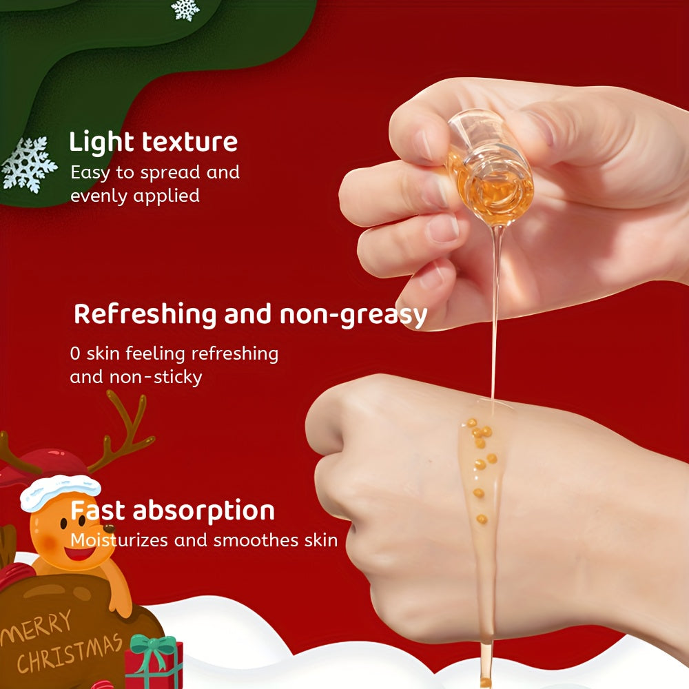 Hand holding a small bottle of honey with text about its properties on a red background.