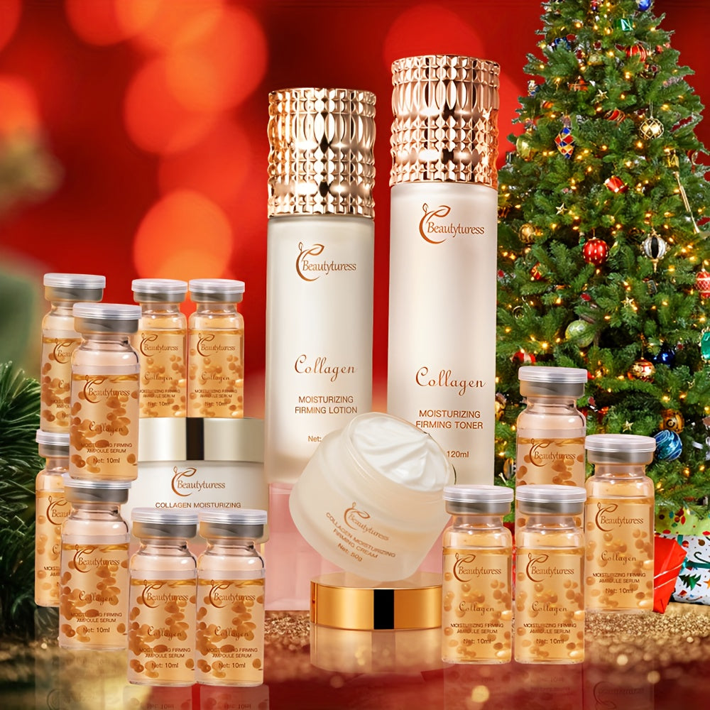 Cosmetic products with 'Beautyfurn' branding in front of a decorated Christmas tree.