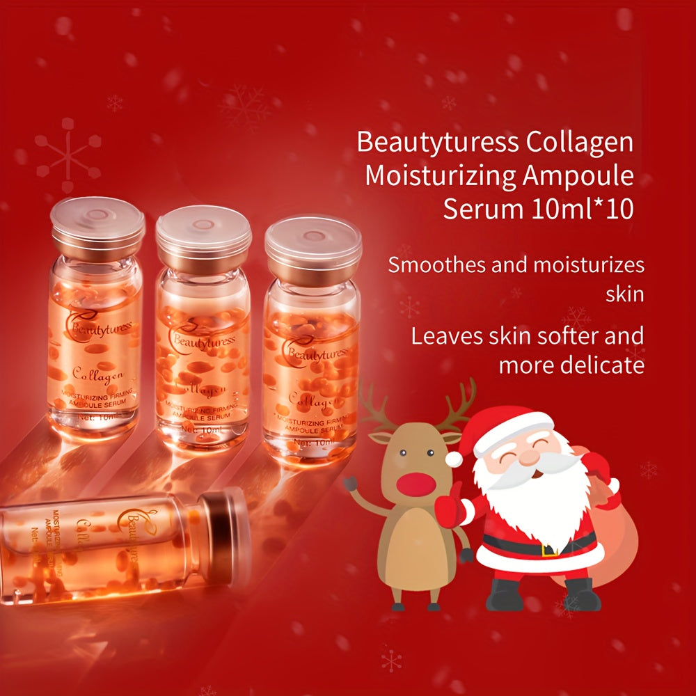 Collagen moisturizing ampoule serum bottles with Santa Claus and reindeer on a red background