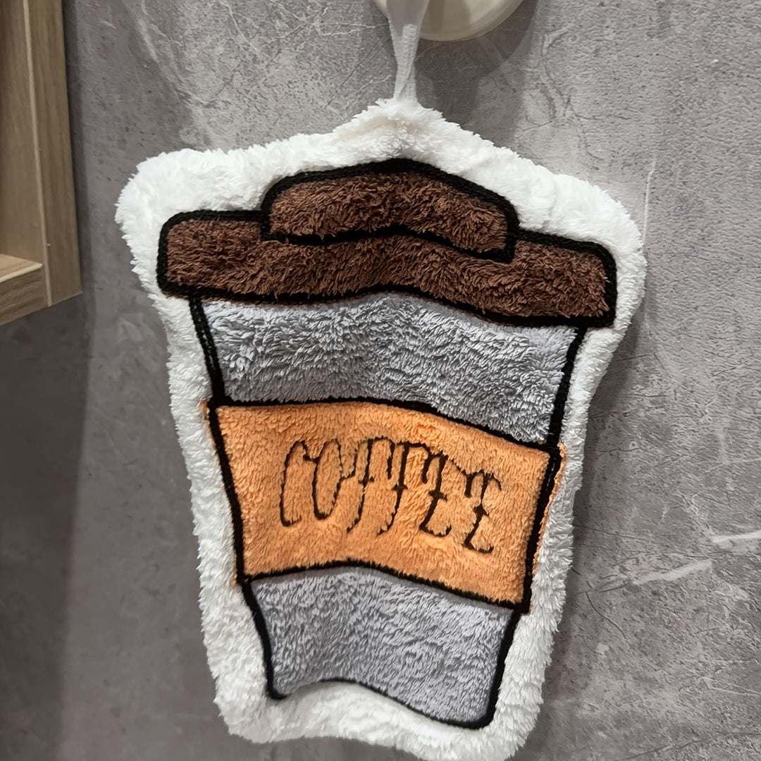 Coffee-themed doormat with a cup design on a gray floor.
