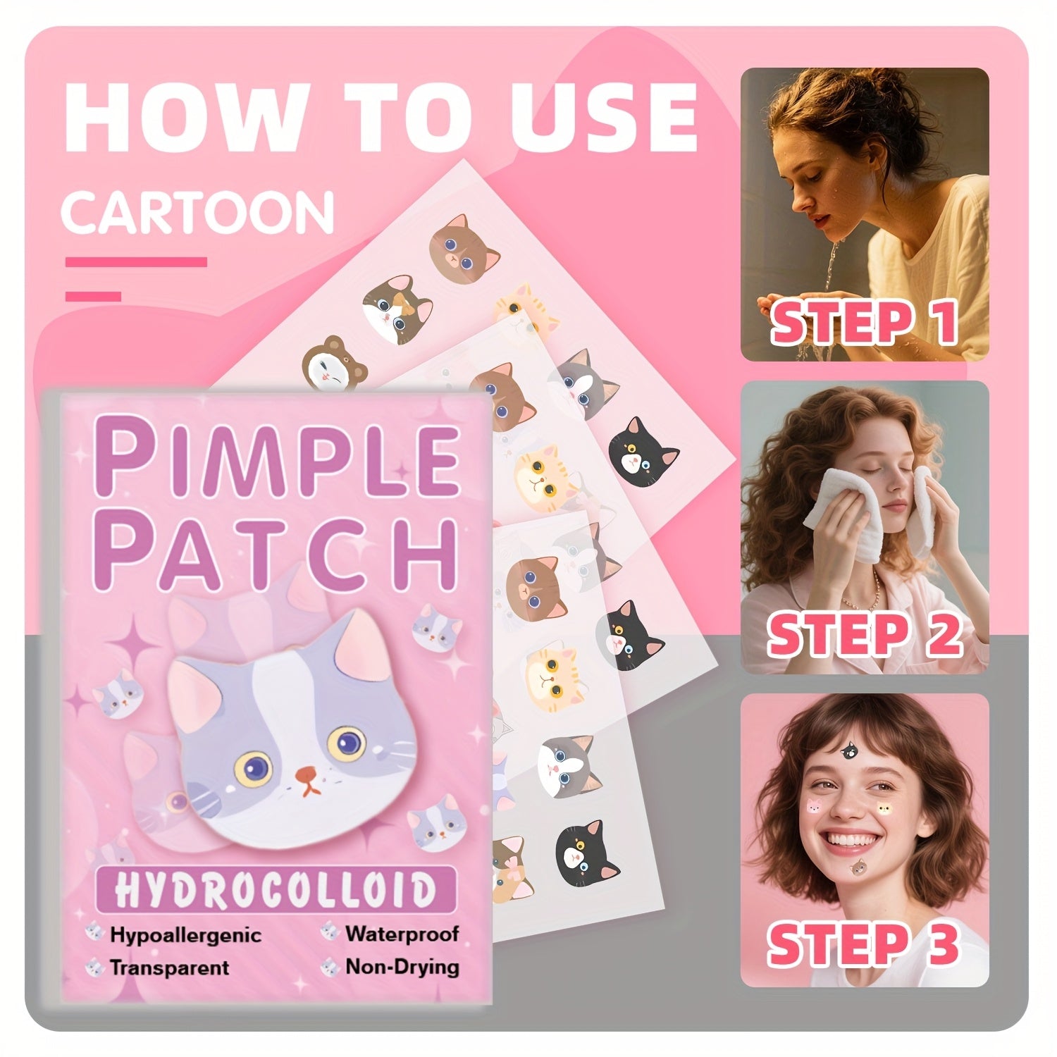 Instructions on how to use cartoon pimple patches with step-by-step guide on a pink background.