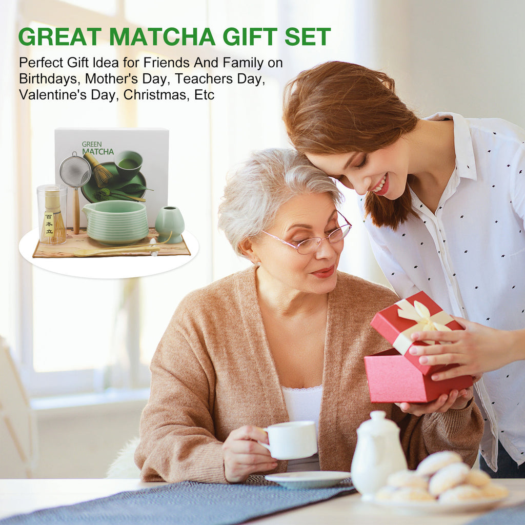 Two women at a table with a matcha gift set, perfect for special occasions.