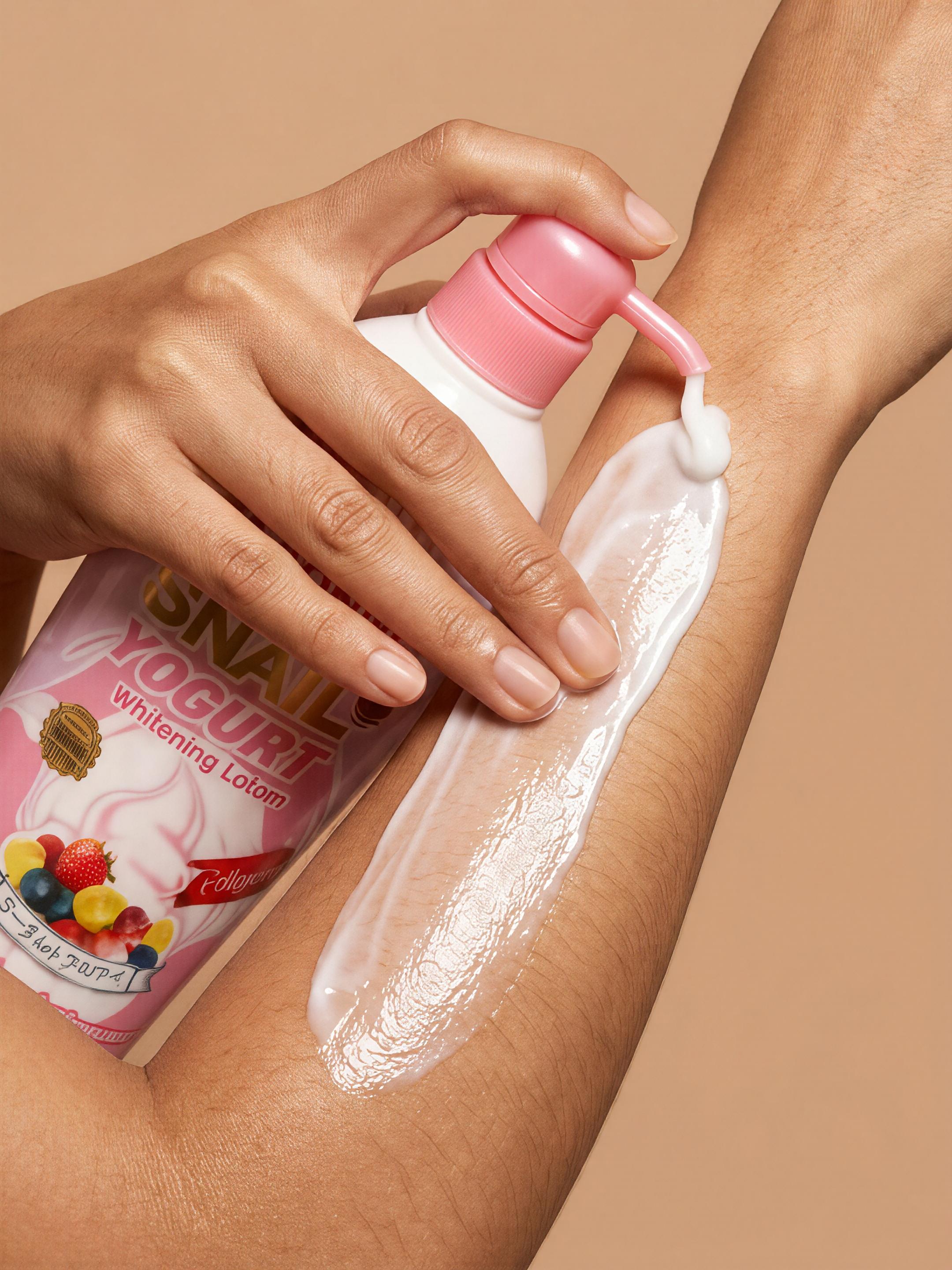 Hand applying yogurt-based lotion to arm with visible brand label on beige background