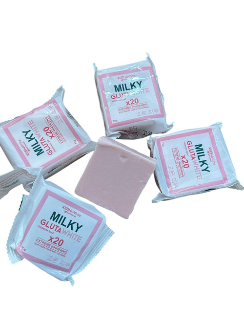 Keisha White Milky Gluta Radiance Soap bar with white and pink packaging, designed for skin brightening and radiance.