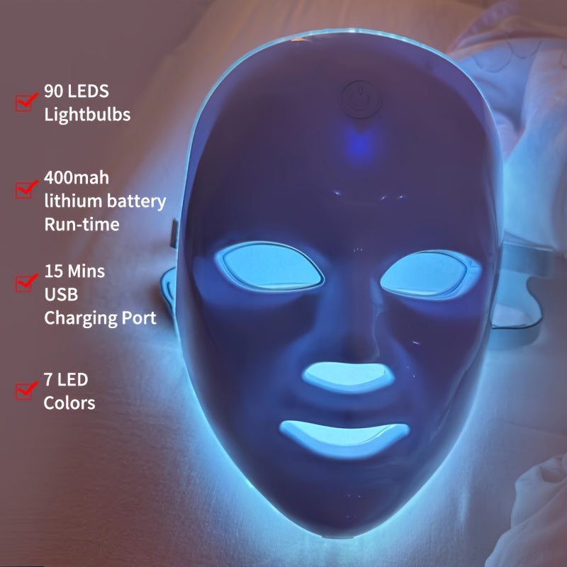 LED face mask with specifications on a light background