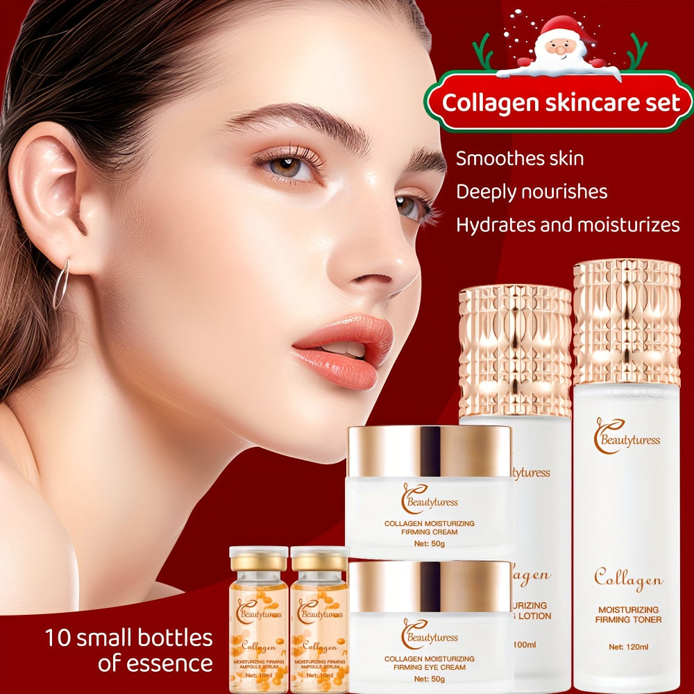 Collagen skincare set with a woman's face and product packaging on a red background