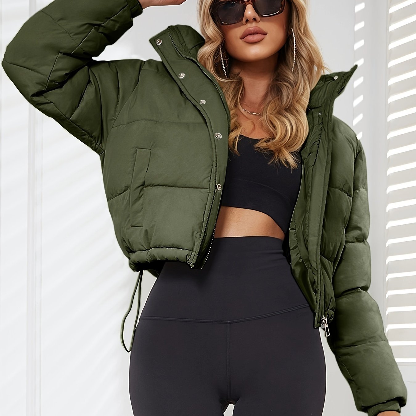 Women's Stylish Black Hooded Puffer Jacket - Casual Short Warm Outerwear with Drawstring Design, Long Sleeves, and Button-Up Front for Winter Comfort, Winter Jacket