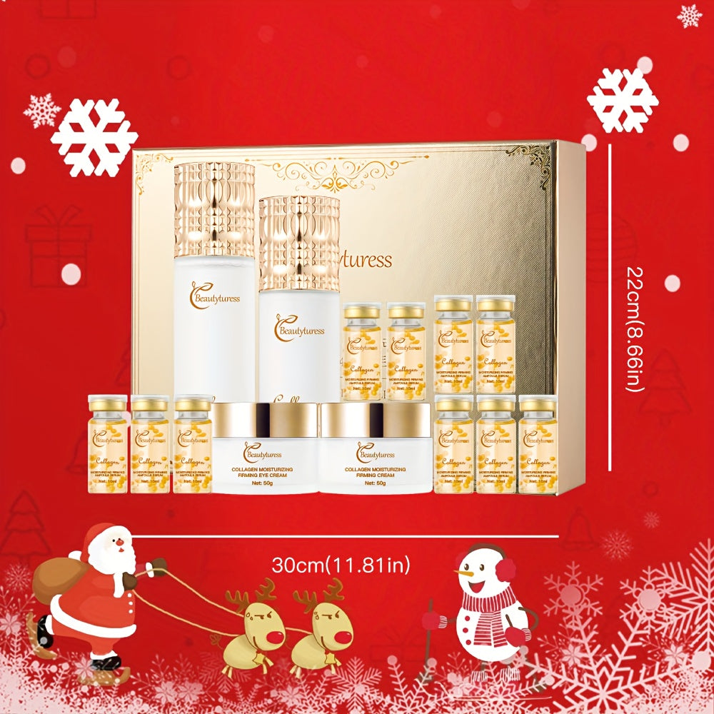 Cosmetic set with gold and white packaging on a red background with Christmas-themed decorations.