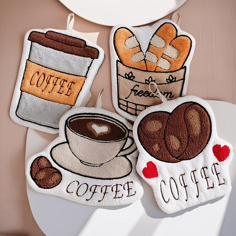 Set of four decorative pot holders with coffee-themed designs on a neutral background.