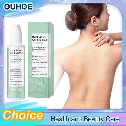OUHOE back acne care spray with a woman touching her back on a white background