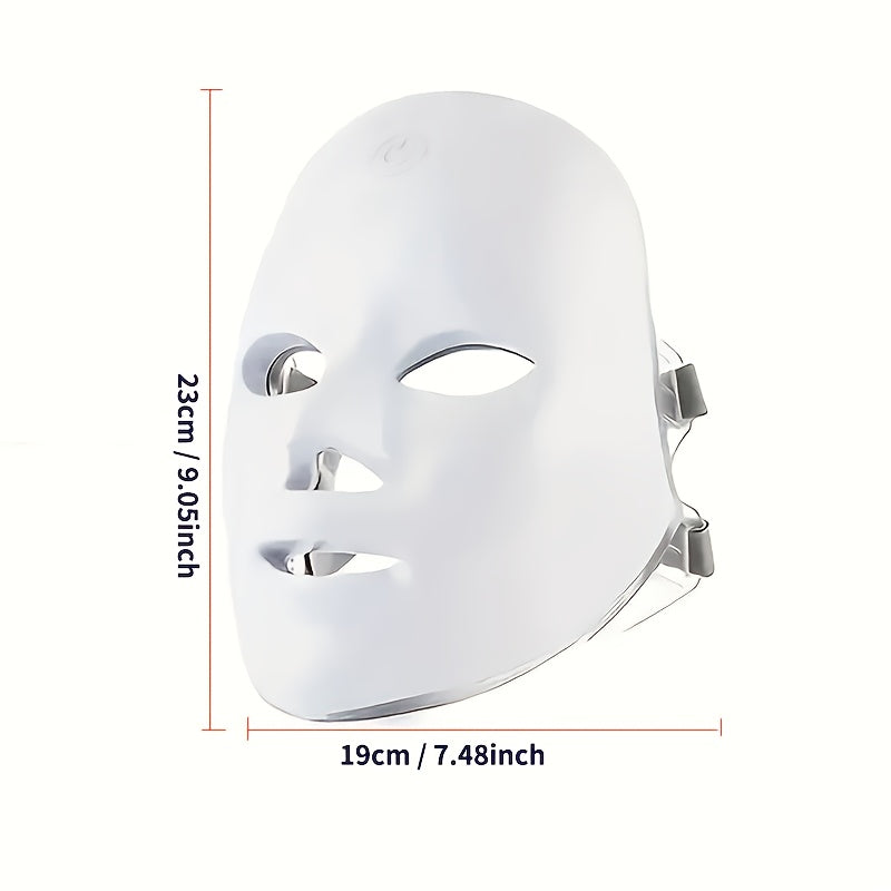 White LED face mask with dimensions on a white background