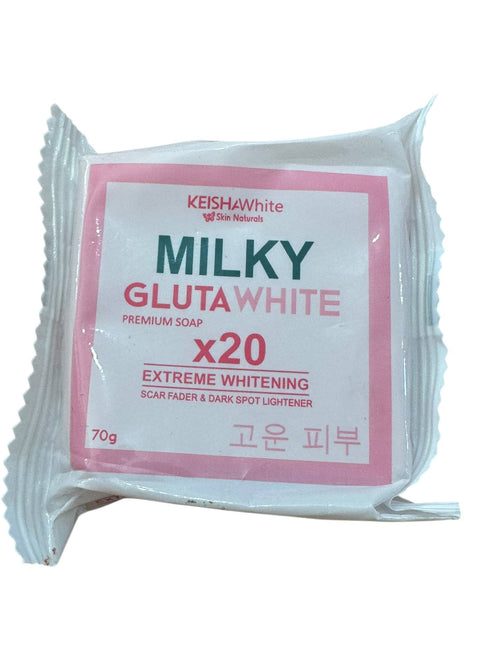 Keisha White Milky Gluta Radiance Bar Soap in 70g, featuring a white soap bar with brand packaging for radiant skin care.
