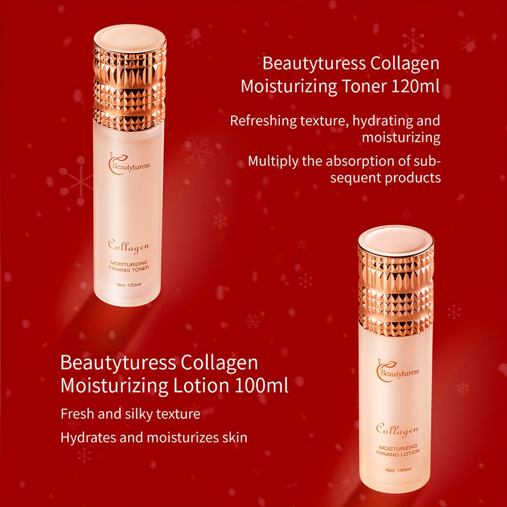 Two bottles of Beautyuress Collagen Moisturizing Toner and Lotion on a red background with product details.