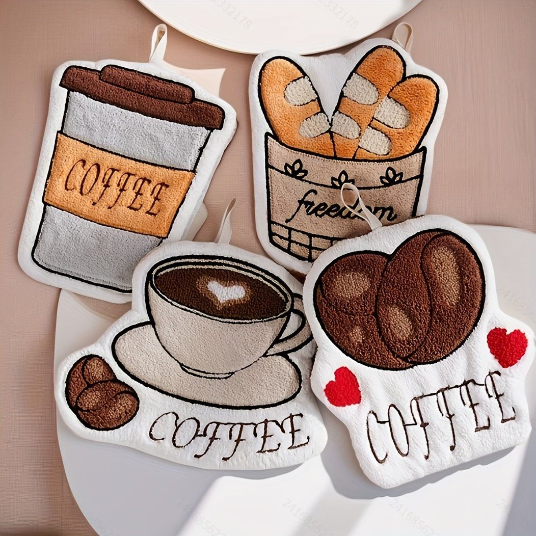 Set of four decorative pot holders with coffee-themed designs on a white background.