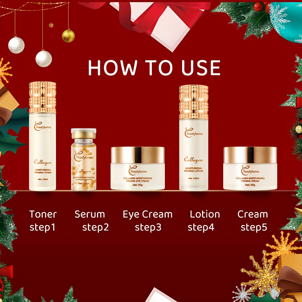 Cosmetic product set with step-by-step guide on a red background with Christmas decorations.