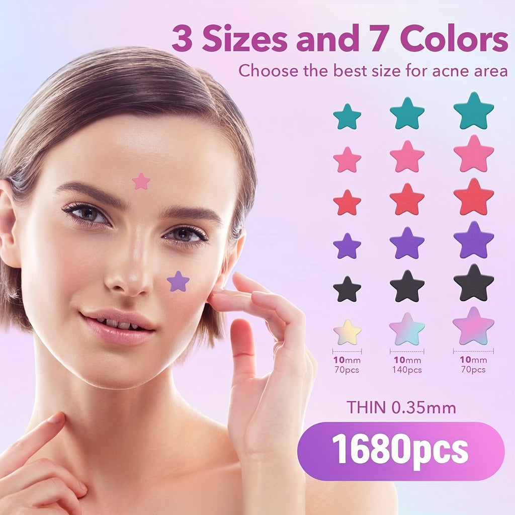 Woman applying star-shaped patches to her face with color swatches and product details on a pink background.