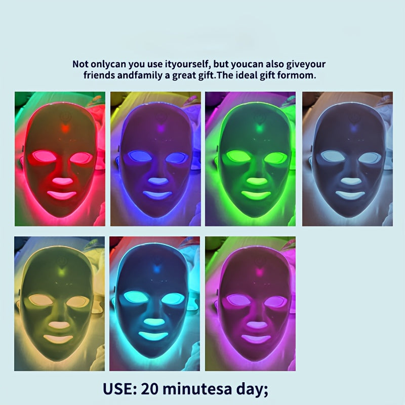 Colorful LED face masks displayed in a grid with text on a light blue background.