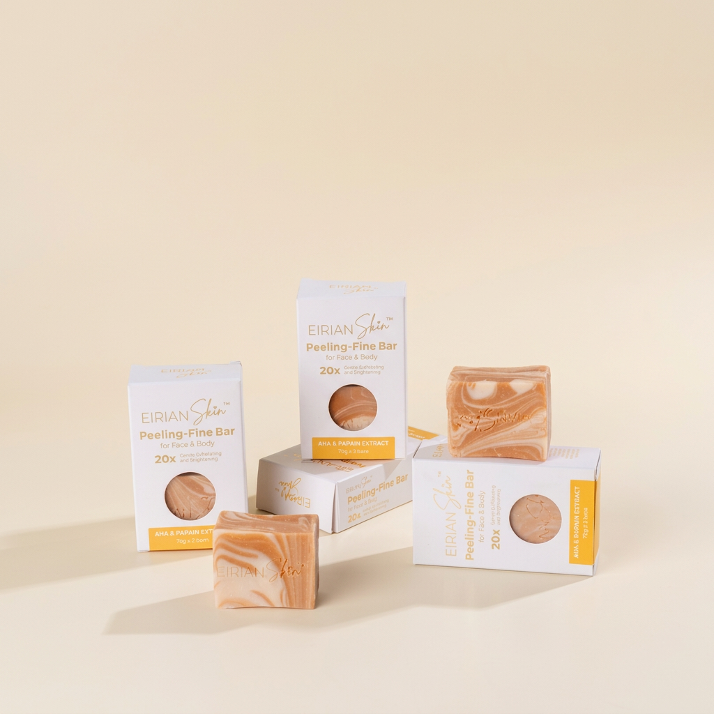 Five Erian Skin Peeling-Fine Bar soap bars and their matching white packaging boxes arranged on a warm cream studio background.