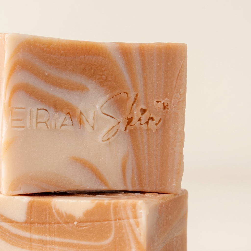 Two stacked rectangular bars of marbled soap with a warm tan and cream swirl pattern. The top bar is embossed with the brand name 'Eirian Skin'.