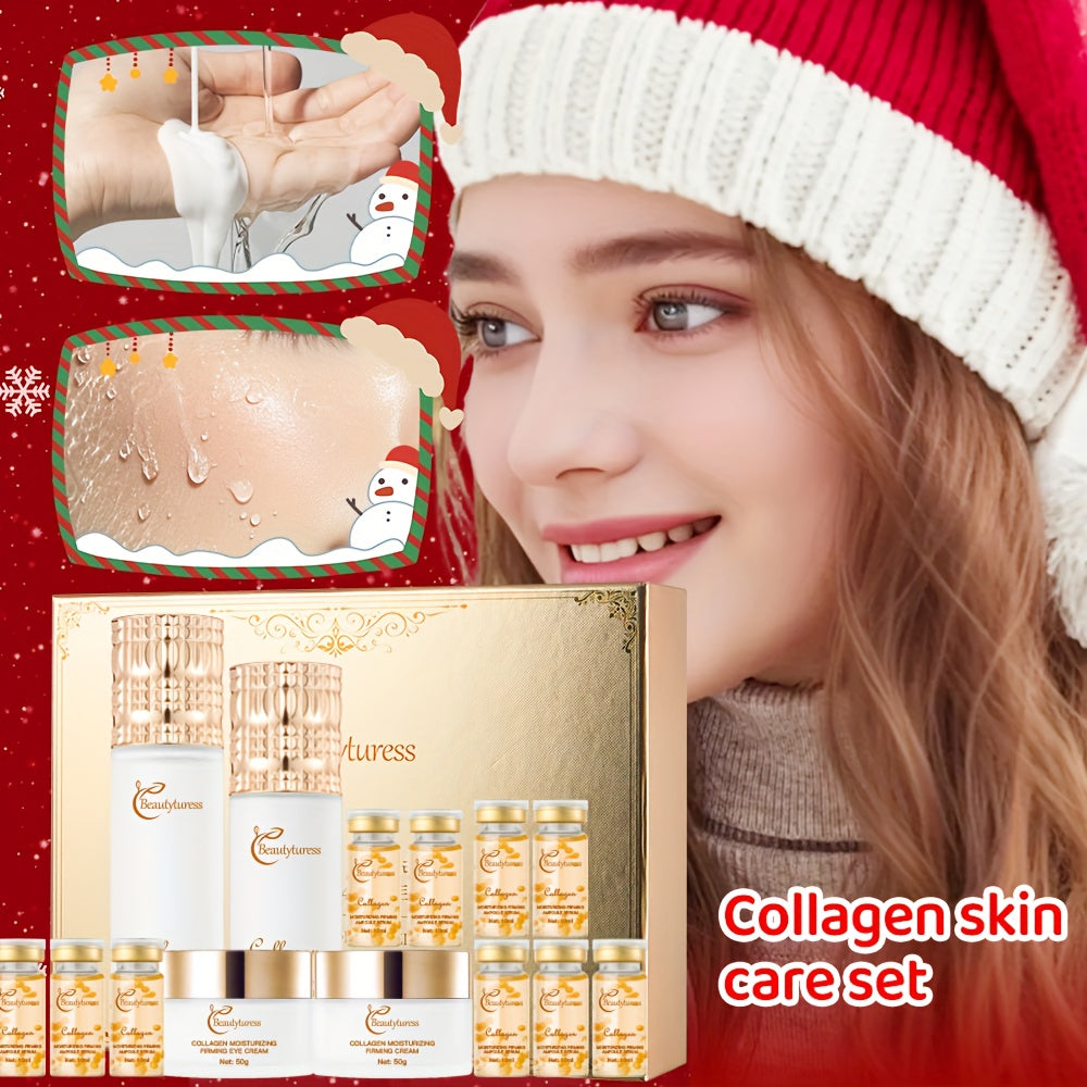 Collagen skin care set with a woman wearing a Santa hat on a festive background