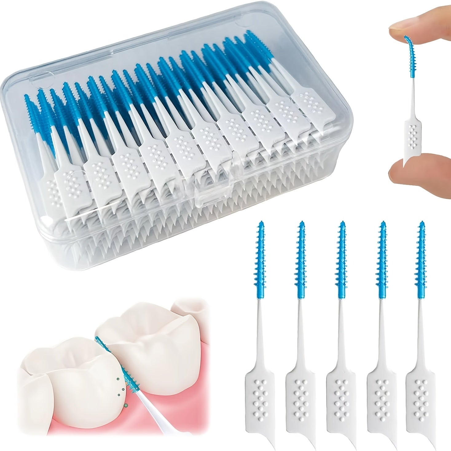 Packaged dental floss picks with a hand holding one, showing close-up details.