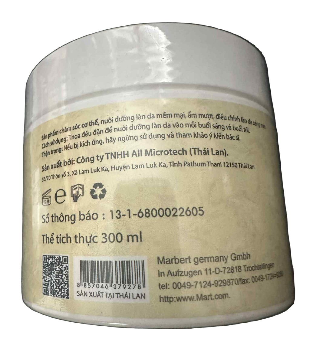Back label of a cosmetic jar with text and contact information on a dark background