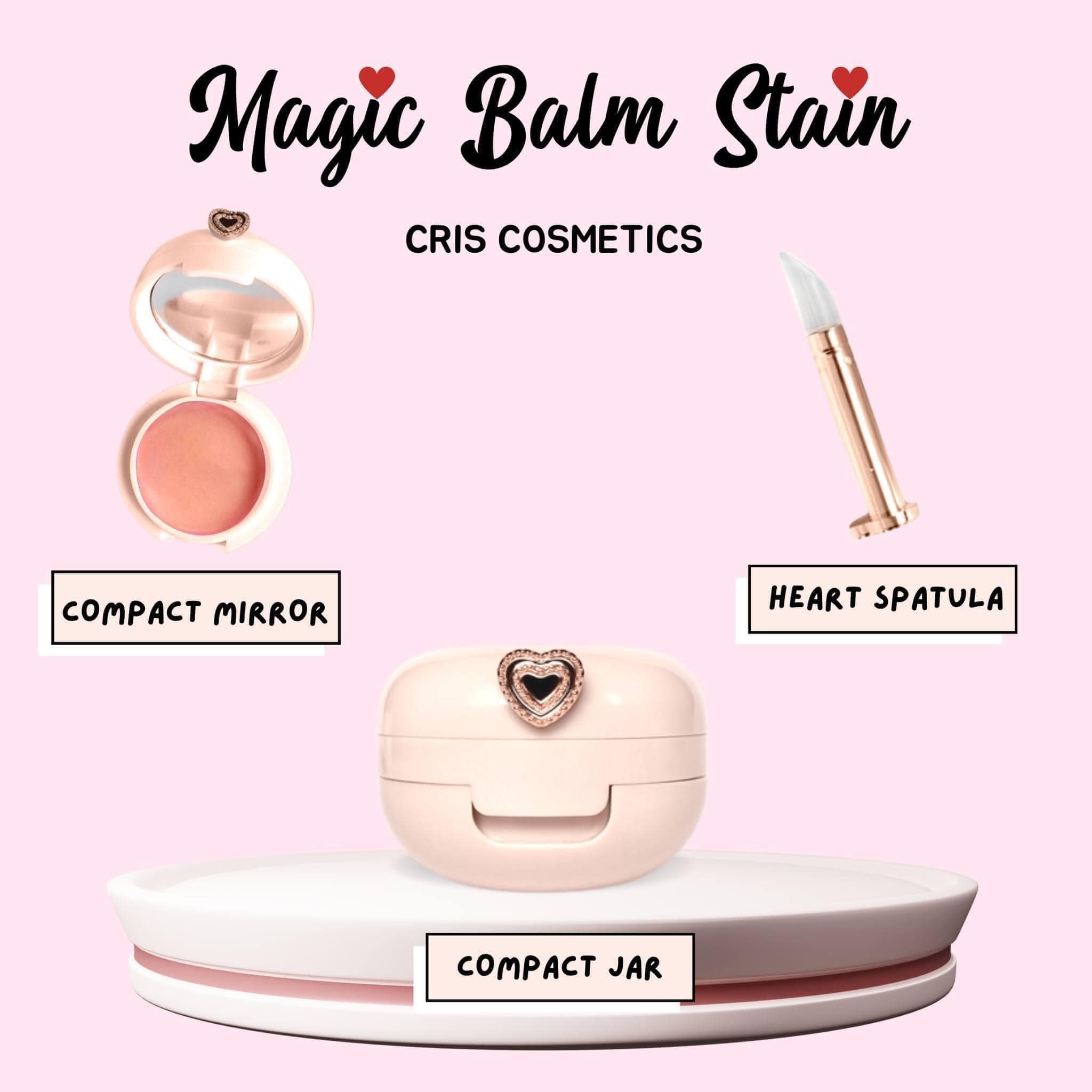 Cosmetic product with compact mirror, heart spatula, and jar on pink background