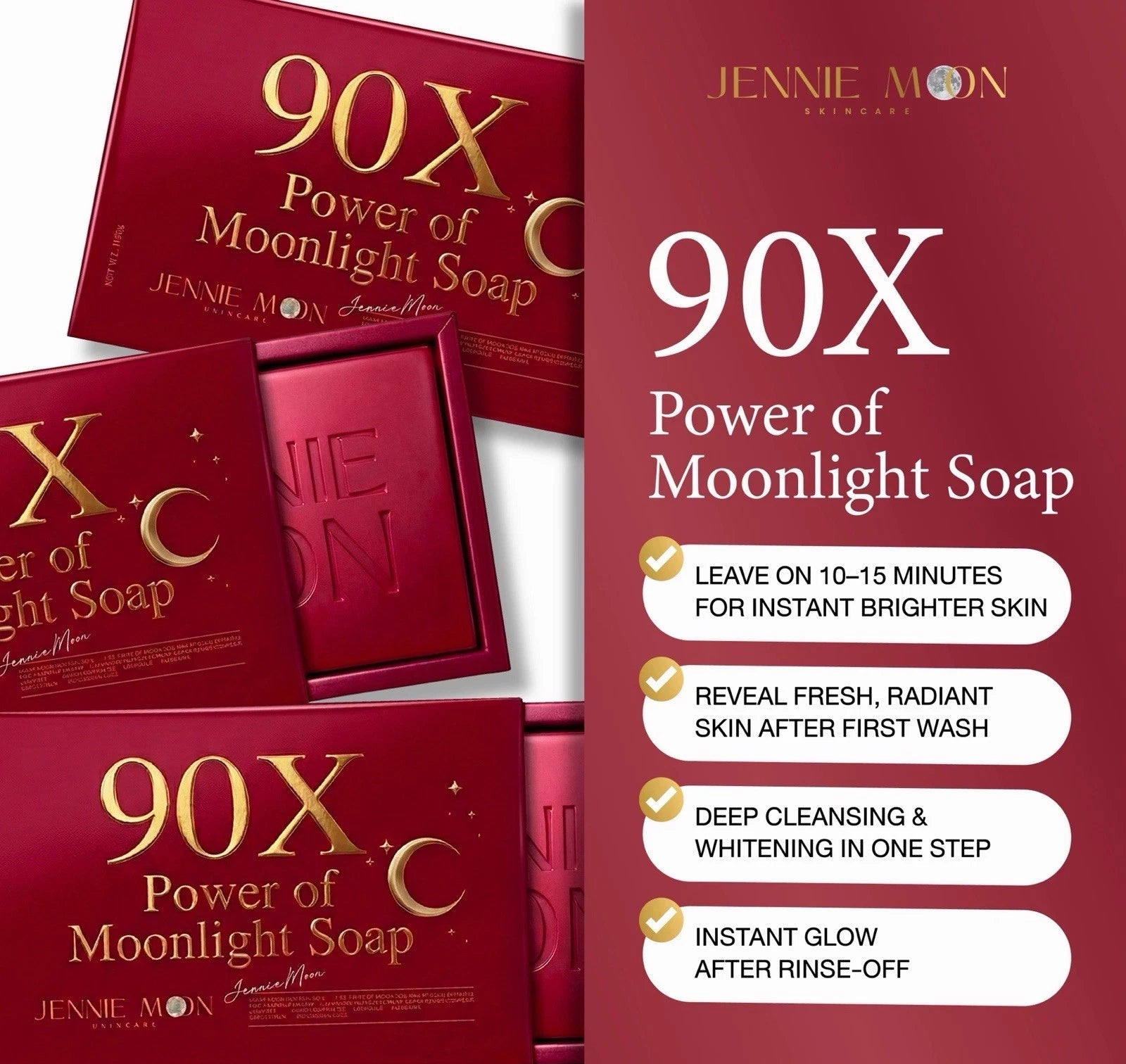 Red boxes of 90X Power of Moonlight Soap with product details on a white background