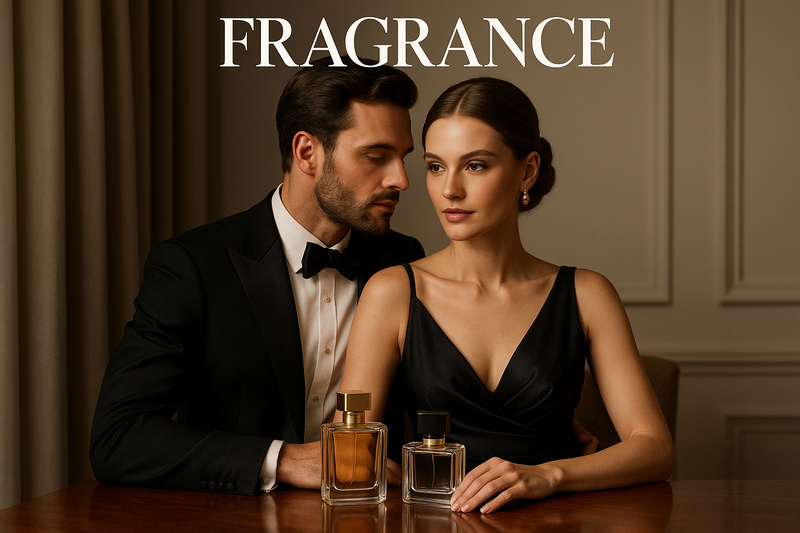 Man and woman in formal attire with perfume bottles, text 'FRAGRANCE' above them.