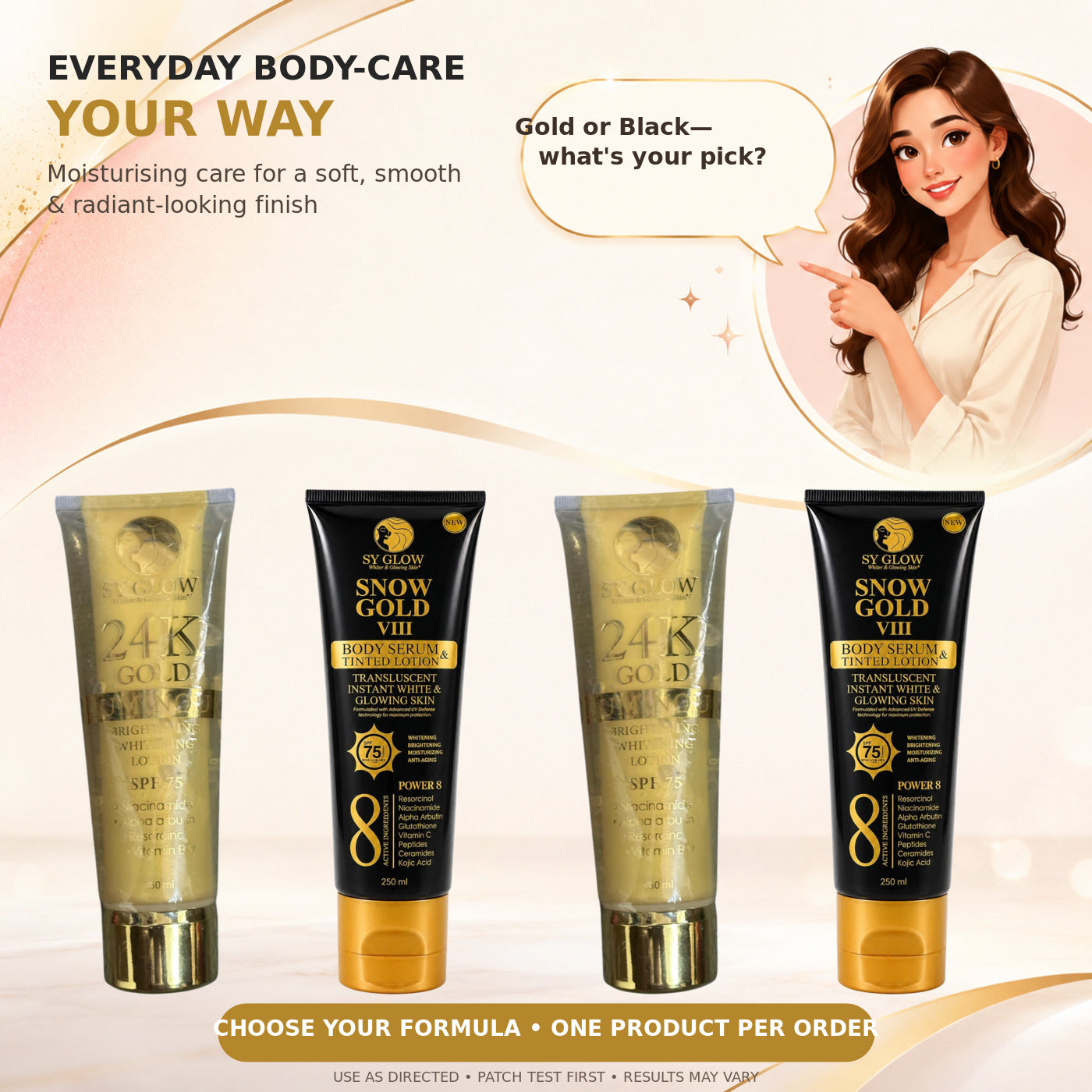 SY Glow SPF 75 Body Lotion 250ml – Choose 24K Gold or Snow Gold Tinted