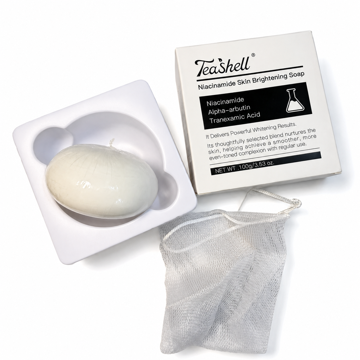 TeaShell cleansing bar, box and foaming net